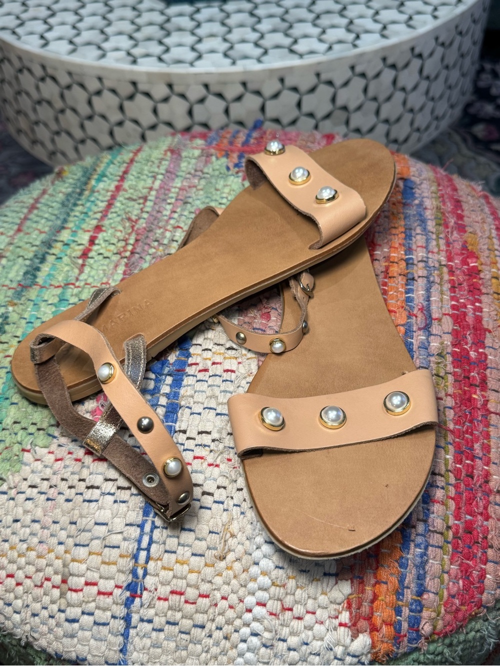 Authentic Handmade Leather Sandals (purchased in ROME, Italy) Nude Pearl-Stud - Picture 4 of 5